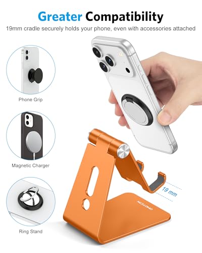 OMOTON Adjustable Cell Phone Stand, Aluminum Desktop Cellphone Stand with Anti-Slip Base and Convenient Charging Port, Fits All Smart Phones, Orange | Sturdy 3mm Aluminum, Charging Port, 270° Adjustable, Non-Slip Silicone Pads, Works with Thick Cases, for