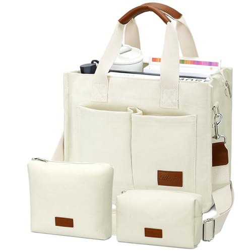 KKXIU Large Canvas Tote Bag for Women with Zipper and Compartments Crossbody Work Bible Messenger Purse Bag With Pockets - color: Beige Set, size: Large