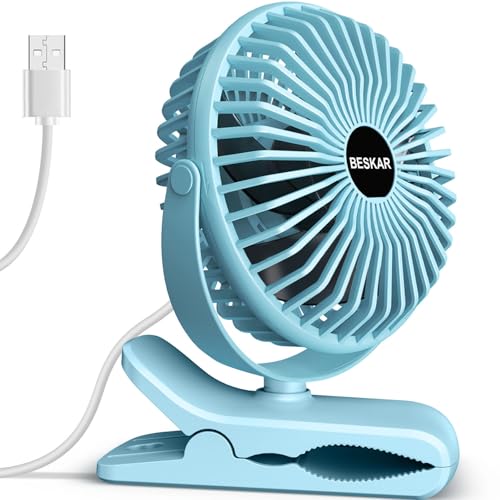 BESKAR USB Clip on Fan, Portable Small Desk Fan with Cord Powered | 3 Speeds Strong Airflow, Sturdy Clamp, Ultra Quiet Personal Cooling Fan for Office Dorm Bedroom Stroller - color: Sky Blue