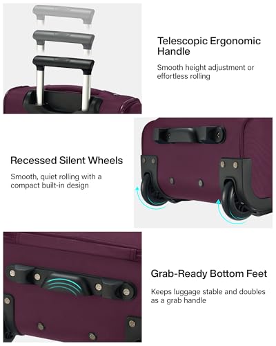 Hanke Underseat Carry On Luggage with Wheels, 17 Inch Rolling Bag, Purple | Fits 15.6 Inch Laptop, Shoe Bag Included, Small Suitcase, Softside, Trolley Sleeve, Water-Resistant, 30L Personal Item - color: Purple, size: 17 Inch Underseat Plus