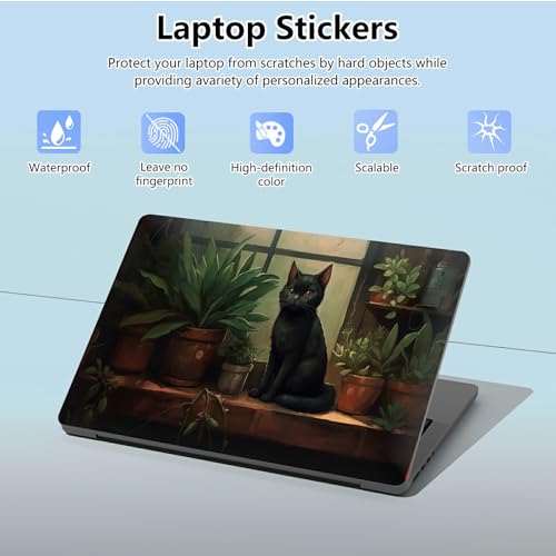 Universal Laptop Skin Sticker with 2 Wrist Pad Skins, Waterproof Scratch Resistant Vinyl Laptop Cover Decal, Cut to Fit for 11–15.6 Inch MacBook HP Dell Lenovo, Black Cat on Window Sill - color: Black Cat on Window Sill