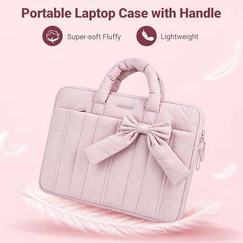 MOSISO Laptop Case 14 inch, 14 inch Puffy Laptop Sleeve Compatible with HP Lenovo Dell ASUS Acer, HP Stream, Dell Latitude, Lenovo IdeaPad, Rectangle Quilted Carrying Bag with Bow&Handle, Pink - color: Pink, size: 14 inch