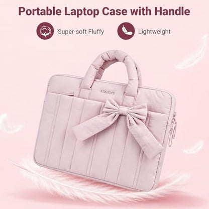 MOSISO Laptop Case 14 inch, 14 inch Puffy Laptop Sleeve Compatible with HP Lenovo Dell ASUS Acer, HP Stream, Dell Latitude, Lenovo IdeaPad, Rectangle Quilted Carrying Bag with Bow&Handle, Pink - color: Pink, size: 14 inch