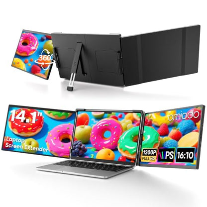 14" FHD 1200P IPS Laptop Screen Extender Fits 14"-17.3" Laptops | Triple Portable Monitor for Laptop, Plug & Play Dual Screen Compatible with Win, Mac, Android&Chrome OS