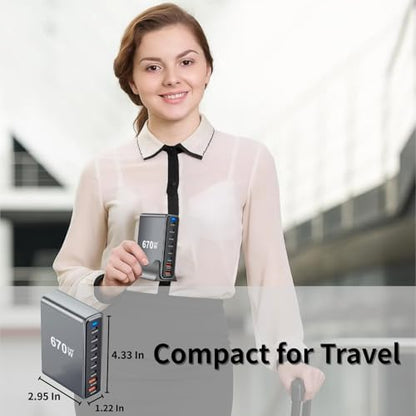 670W USB C Fast Charger Block, 8 Ports GaN III USB Chagring Station, Dual 140W PD PPS HUB for Multiple Devices, Laptop Adapter Compatible with MacBook Pro/Air iPad iPhone Pro Max, Galaxy, Dell, HP - size: 670W-6C2A