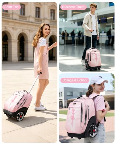 NEW TILAMI 19 Inch Rolling Backpack with Lunch Bag School Stair-Climbing | Stair-Climbing Teen Boys Girls Carry-on Suitcase Large Compartment 15.6 Laptop Sleeve Adjustable Handle Roller Travel Bag - color: Pink Fairy