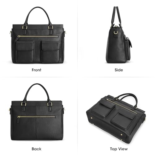 Kattee Leather Briefcase for Women, 15 Inches Laptop Bag, Work Tote with Luggage/Shoulder Strap - color: Black