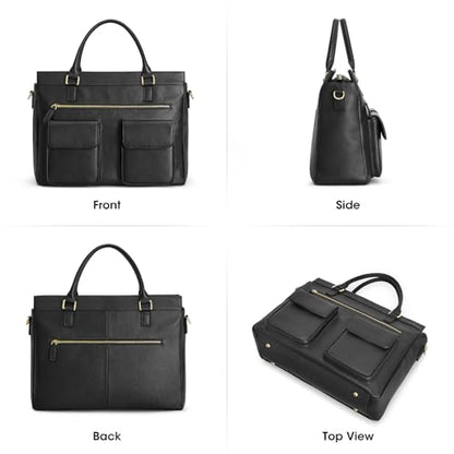 Kattee Leather Briefcase for Women, 15 Inches Laptop Bag, Work Tote with Luggage/Shoulder Strap - color: Black