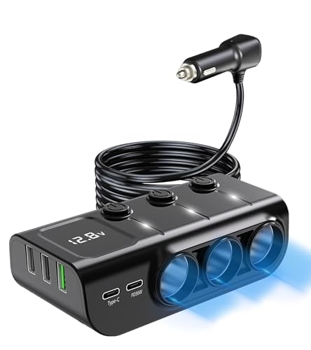 LIHAN 120W Car Splitter, 3 Cigarette Sockets Adapter, 5 USB, PD36W 8-in-1 | Power dashcam, GPS and more with 3 outlets, 5 USB ports, PD36W USB-C fast charging 3.3FT cord ,voltage monitor for RVs,Cars