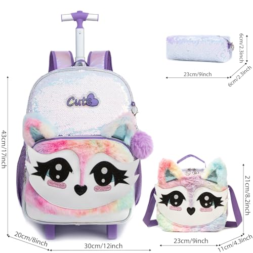 3PCS Kids Fluffy Cat Rolling Backpack for Girls, White Sequins | Trolley Suitcases Luggage Travel with Wheels, Roller Backpacks Set Toddler Back Pack School Bags Elementary Bookbag Wheeled - color: White-0121-huli