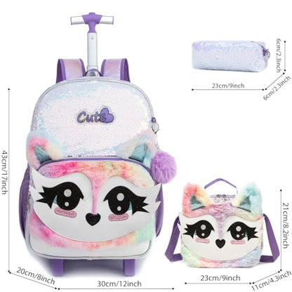 3PCS Kids Fluffy Cat Rolling Backpack for Girls, White Sequins | Trolley Suitcases Luggage Travel with Wheels, Roller Backpacks Set Toddler Back Pack School Bags Elementary Bookbag Wheeled - color: White-0121-huli