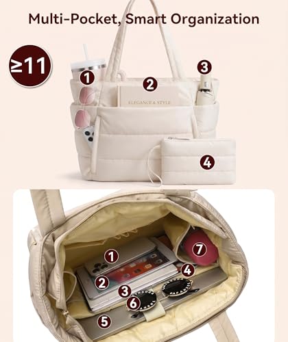 Puffer Tote Bag for Women, Nurse, Large Quilted Shoulder Bag with Cup Holder & Laptop Compartment for Work, Travel, Gym - color: Cream