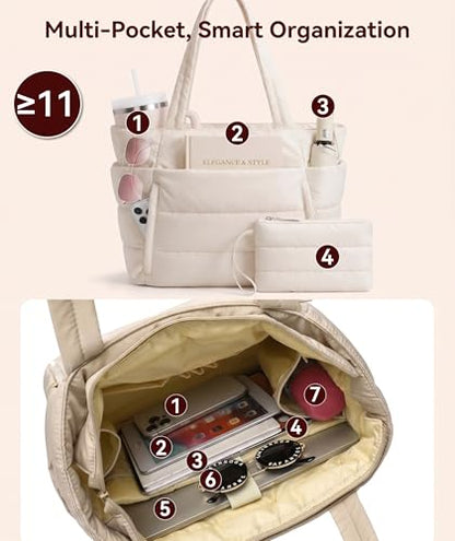 Puffer Tote Bag for Women, Nurse, Large Quilted Shoulder Bag with Cup Holder & Laptop Compartment for Work, Travel, Gym - color: Cream