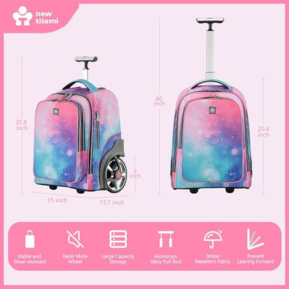 NEW TILAMI 20 Inch Rolling Backpack for School Stair-Climbing Big Wheel | Teen Boys Girls Carry-on Suitcase Large Organizer Compartment 15.6 Laptop Sleeve Adjustable Handle Roller Travel Bag College - color: Pop Gradient