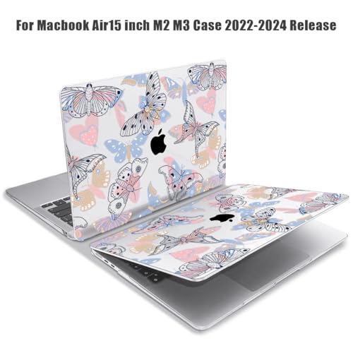 for MacBook Air 15 inch Case 2026-2023 Release M5 A3448 M4 A3241 M3 A3114 M2 A2941 Liquid Retina Display, Hard Shell Case with Keyboard Cover+Screen Film+Trackpad Film,Line Butterfly - color: Line Butterfly