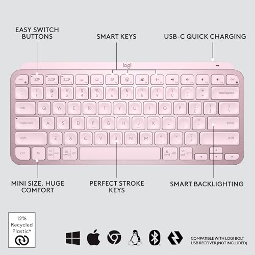 Logitech MX Keys Mini Minimalist Wireless Illuminated Keyboard - Rose | Minimalist, wireless, illuminated, compact, backlit, USB-C, compatible with macOS, iOS, Windows, Linux, Android, metal build - color: Rose, style: MX Keys Mini