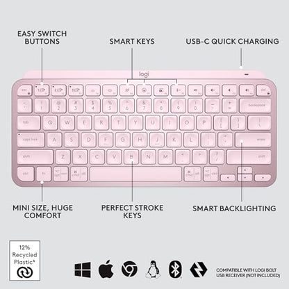 Logitech MX Keys Mini Minimalist Wireless Illuminated Keyboard - Rose | Minimalist, wireless, illuminated, compact, backlit, USB-C, compatible with macOS, iOS, Windows, Linux, Android, metal build - color: Rose, style: MX Keys Mini
