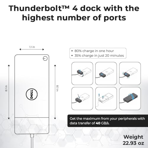 Dell WD22TB4 Thunderbolt 4 Dock Bundle - 40Gbps USB-C/USB-A, 3 Year Warranty with 180W Adapter, Anyhdd HDMI, DP, USB-C Cable & Cloth - Docking Station, Supports Dual/Triple Monitors & 4k Display