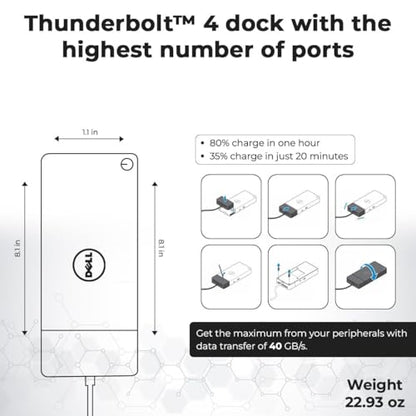 Dell WD22TB4 Thunderbolt 4 Dock Bundle - 40Gbps USB-C/USB-A, 3 Year Warranty with 180W Adapter, Anyhdd HDMI, DP, USB-C Cable & Cloth - Docking Station, Supports Dual/Triple Monitors & 4k Display
