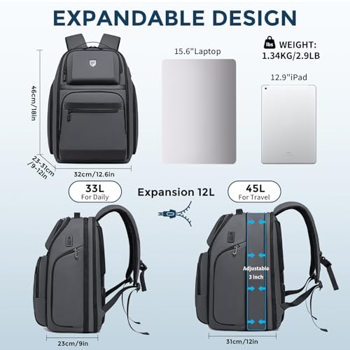 Fenree.geer Business Travel Backpack for Professionals 17 Inch Laptop, Grey | Water Resistant, Expandable, 45L Travel Backpack with USB Port, Men's Backpack for Work/College/Commuter/Business