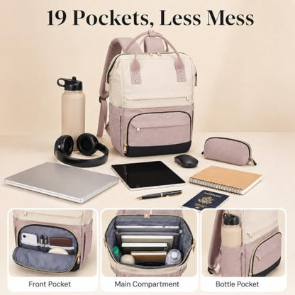Laptop Backpack for Women, 15.6 Inch Work Backpack Purse with Large Capacity, Water-Resistant Nurse Bag, College Bookbag for School, Casual Travel Daypack, Beige and Nude - color: Beige and Nude