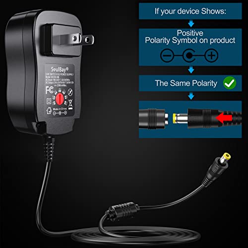 SoulBay 24W Universal AC/DC Adapter 12V 9V 7.5V 6V 5V 4.5V 3V Regulated Switching Power Supply with 8 Selectable Plugs for LED Strip Light Camera Keyboard Speaker Scale Recorder Massager, 2A Output