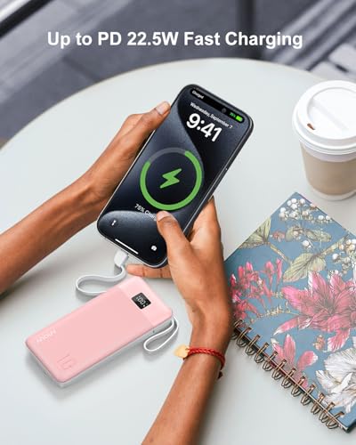 Portable Charger 10000mAh Power Bank w/Built-in 3 Cables & AC Wall Plug | 22.5W Fast Charging, Pass Through Charging, 0.68in Ultra Slim, TSA Approved, Travel Essential for iPhone/Samsung/iPad - color: Pink