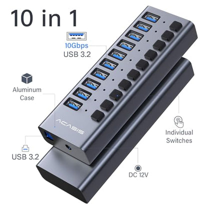 ACASIS Powered 10 Ports USB 3.2 Hub, 10Gbps Data Transfer, 48W Adapter | Individual On/Off Switch for Each Port • Aluminum Housing • Better Heat Dissipation • Plug & Play - size: 10 ports