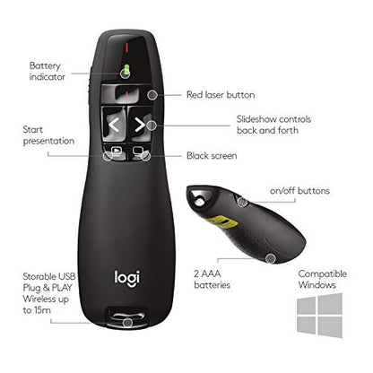 Logitech Wireless Presenter R400 USB A PowerPoint Clicker with Laser | USB-A connection, PowerPoint clicker, presentation remote control - color: Red Laser, style: 5 buttons