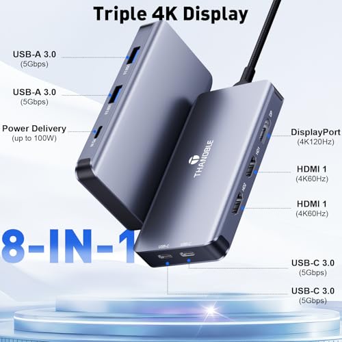 USB C Docking Station Dual Monitor, Laptop Docking Station 3 Monitor, USB C Hub Dual 4K@60Hz HDMI Display with DisplayPort Port, 5Gbps USB-A/C Data Port, 100W PD, for HP/Dell/Lenovo/Laptop