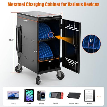 16-Device Charging Cart with Power Strip, Black Charging Station for Chromebooks, Laptops & Tablets up to 14”, Classroom Charging Cabinet with Cable Management & Accessory Storage - size: 16 Tablet/Chromebook