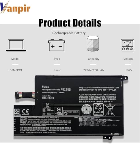 L16M6PC1 Laptop Battery 11.52V 72Wh 6268mAh Replacement for Lenovo Yoga 720-15IKB Series Notebook L16L6PC1 L16C6PC1 5B10M53745 5B10M53743 5B10M53744 - size: 9.61*3.82*0.35 inch L16M6PC1