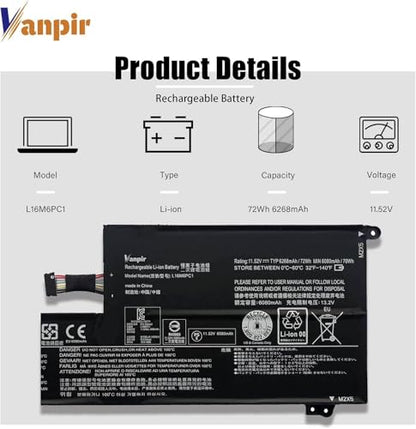 L16M6PC1 Laptop Battery 11.52V 72Wh 6268mAh Replacement for Lenovo Yoga 720-15IKB Series Notebook L16L6PC1 L16C6PC1 5B10M53745 5B10M53743 5B10M53744 - size: 9.61*3.82*0.35 inch L16M6PC1