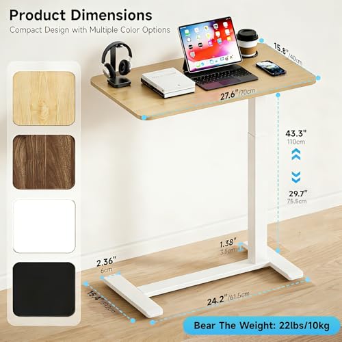 BIZUM Adjustable Hospital Bed Table on Wheels, Rolling Bedside Table Maple | Adjustable height 29.7-43.3in, 27.6x15.8in surface, cup holder, 22lb capacity, pneumatic lift, 4 swivel wheels - color: Maple
