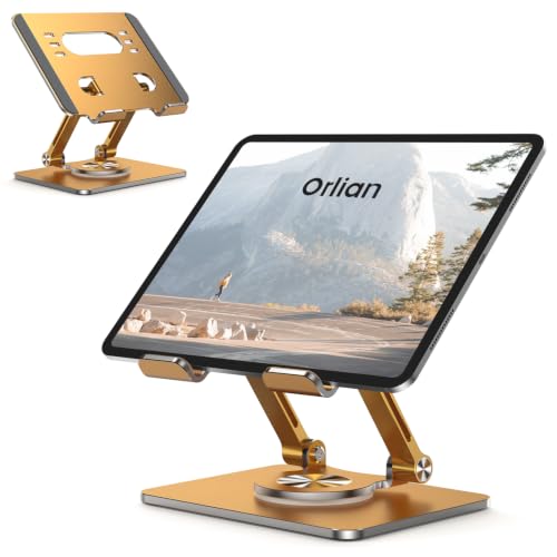 Orlian Tablet Stand Holder with Thickened 360°Rotating Base Dual Rod Adjustable Aluminum Stand for All 5.8-12.9” iPad Samsung Phone Tablet Kindle E-Reader and More, Gold - color: Gold