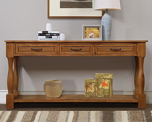 60" Solid Wood Console Table for Entryway,Sofa Table with Drawers | 60" Farmhouse Entryway Table with Storage Drawers & Shelf,Solid Wood Long Sofa Table for Hallway,Entry,Easy Assembled,Brown - color: Brown