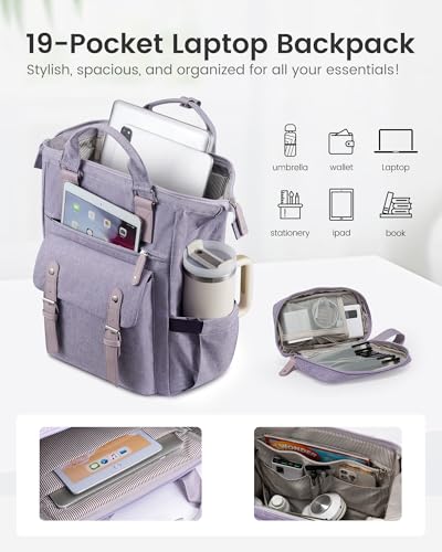 LOVEVOOK Laptop Backpack for Women with Giant Tumbler Holder Pocket,17.3 inch Waterproof Travel Backpack Purse Computer Laptop Bag - color: Purple-purple, size: 17.3 Inch Cup