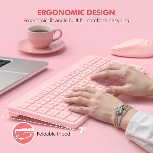 Pink Wireless Keyboard and Mouse Combo for Desktop Mac iPad Bluetooth 2.4 Ghz Rechargeable Slim Silent Click with Number Pad Compatible with Pc, Laptop, Tablet (Pink) - color: Pink