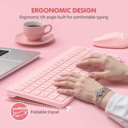 Pink Wireless Keyboard and Mouse Combo for Desktop Mac iPad Bluetooth 2.4 Ghz Rechargeable Slim Silent Click with Number Pad Compatible with Pc, Laptop, Tablet (Pink) - color: Pink