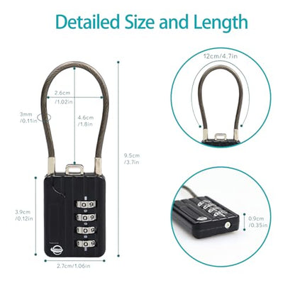 4 Digit Cable Combination Locks 4.7 inches Cable for School Gym Locker,Helmet,Filing Cabinets,Toolbox,Luggage Suitcase,knapsack,Cable 3mm Diameter,Black(2 Pack) - size: 12cm(4.7in)Cable Black