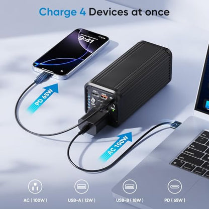 Laptop computer with AC power interface, 100W Type-C PD 65W fast charging type, featuring input and output functions, 2 USB-A outputs (QC3.0 18W), suitable for business travel and outdoor activities.
