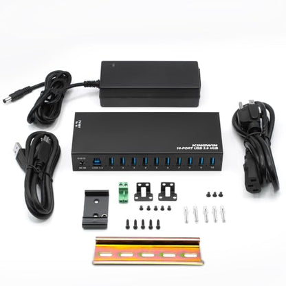 Kingwin Industrial USB 3.0 Hub 10-Port, Heavy-Duty Metal Mountable USB Hub with Power Adapter, 5Gbps SuperSpeed Powered USB Splitter for PC, Laptop, Mac, POS Systems & Factory Automation - size: USB 10-PORT