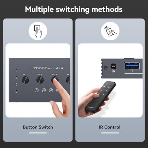 USB 3.0 Switch Selector 4 Computers Share 4 Port USB A Devices for Mouse Keyboard Printer Scanne with Wireless Remote Control and Cable Included - color: Light Grey