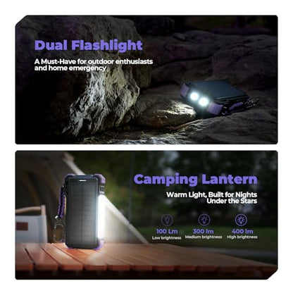 BLAVOR Solar Power Bank 20000mAh Built-in Cables, Wireless Charger for Phones & Apple Watch, 20W Fast Charging Battery Pack with USB C, Flashlight, Solar Charger for iPhone, iPad, iWatch, Samsung - color: Purple