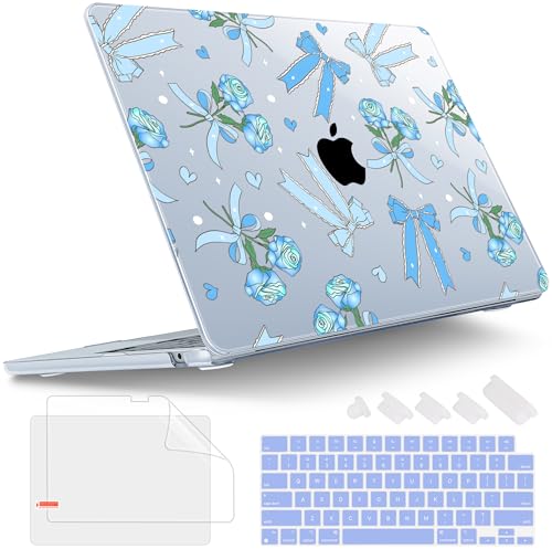 Tuiklol for 2025 2024 2023 MacBook Air 15 inch Case M4 M3 M2 Chip, Model A3241 A3114 A2941 Hard Shell Case with Keyboard Cover & Screen Protector for MacBook 15.3'' Cover, Bow & Rose Blue - color: Bow & Rose Blue
