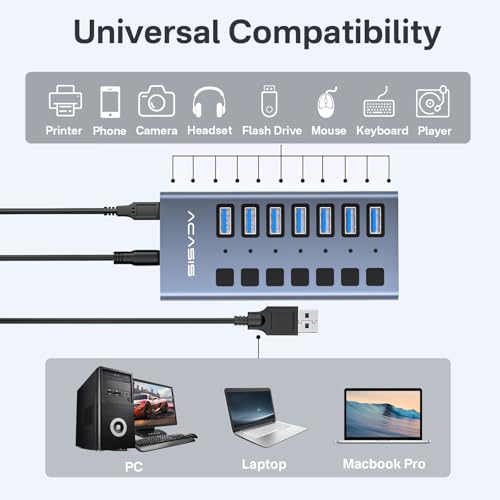 ACASIS Powered 7 Ports USB 3.2 Hub, 10Gbps Data Transfer, 24W Adapter | Individual On/Off Switch for Each Port • Aluminum Housing • Better Heat Dissipation • Plug & Play - size: 7 ports
