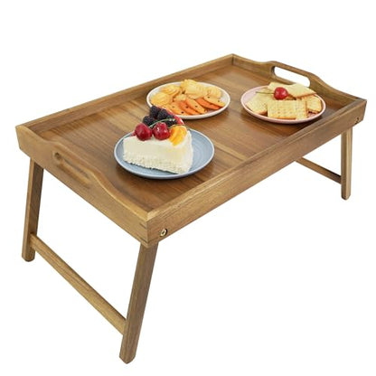 Utoplike Acacia Bed Tray Table for Eating, Large Breakfast Tray with Folding Legs, Wood Serving Trays for Laptop Working - size: Large