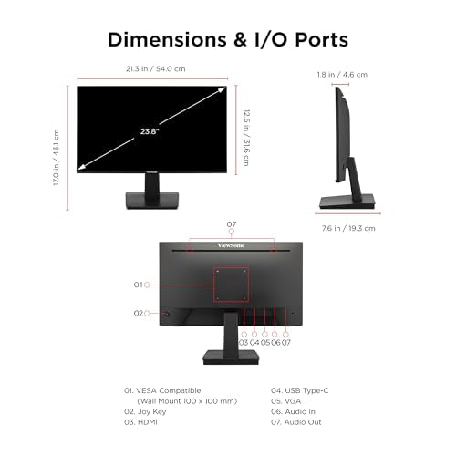 ViewSonic VA2448-MHU 24 Inch 1080p Monitor, IPS Display with 120Hz for Everyday Productivity, Variable Refresh Rate for Home and Office, HDMI, VGA, and USB C Inputs - size: 24-inch Usb-c