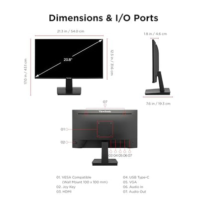 ViewSonic VA2448-MHU 24 Inch 1080p Monitor, IPS Display with 120Hz for Everyday Productivity, Variable Refresh Rate for Home and Office, HDMI, VGA, and USB C Inputs - size: 24-inch Usb-c