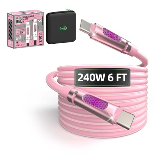 MFish 240W USB-C to USB-C Cable (PD 3.1 EPR), 480Mbps Speed, Fast Charging Type C Cable for MacBook Pro/Air, iPhone 17/16 Pro, Galaxy S25/S24, Laptops, iPad, Durable Silicone, 6FT Pink - color: Pink(C to C), size: 6FT